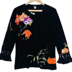 Elizabeth NY Sequin Floral Button-Up Cardigan Sweater S Crochet Flared Cuffs